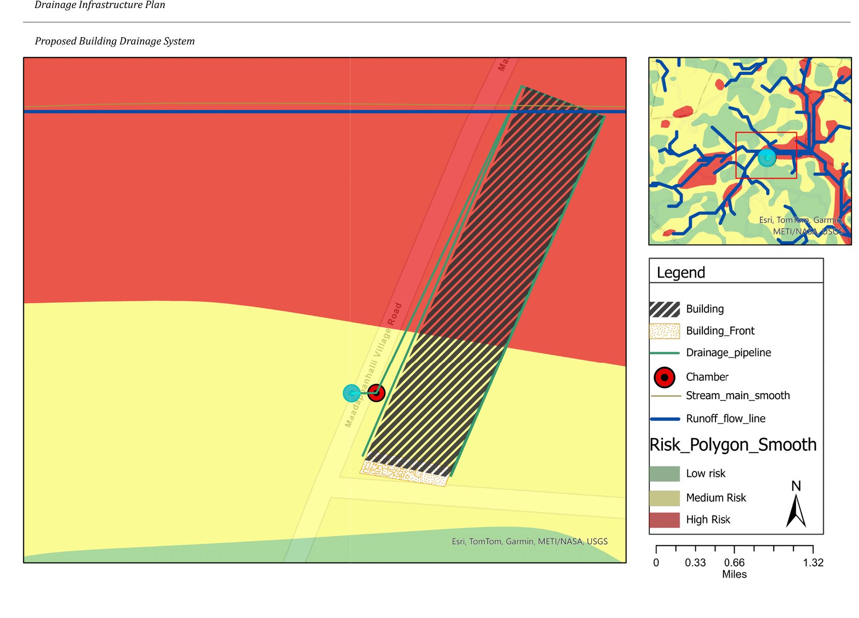 Proposed drainage plan showing pipeline route, inspection chamber and connection to the road drainage network