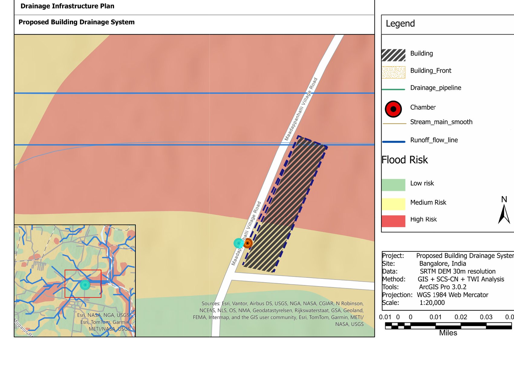 Site-level flood risk map showing the building footprint straddling high and medium risk zones
