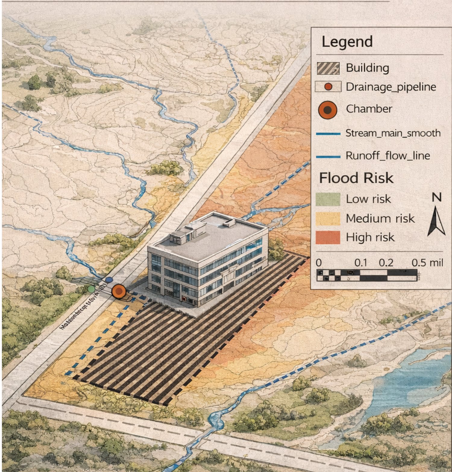 Isometric visualisation of the warehouse site showing drainage pipeline, inspection chamber and flood risk zones