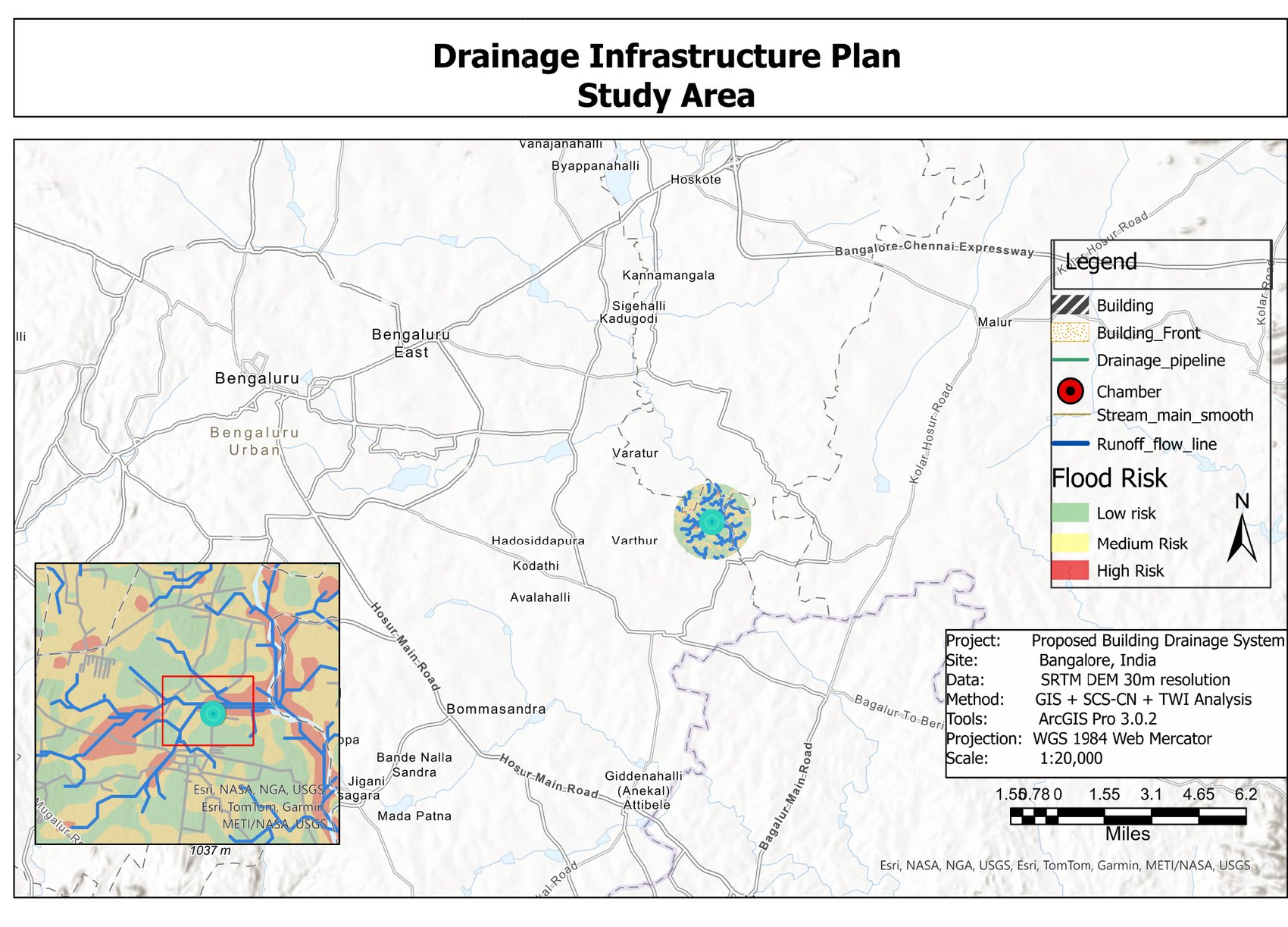Study area map showing the warehouse site east of Bengaluru with drainage network and flood risk overlay