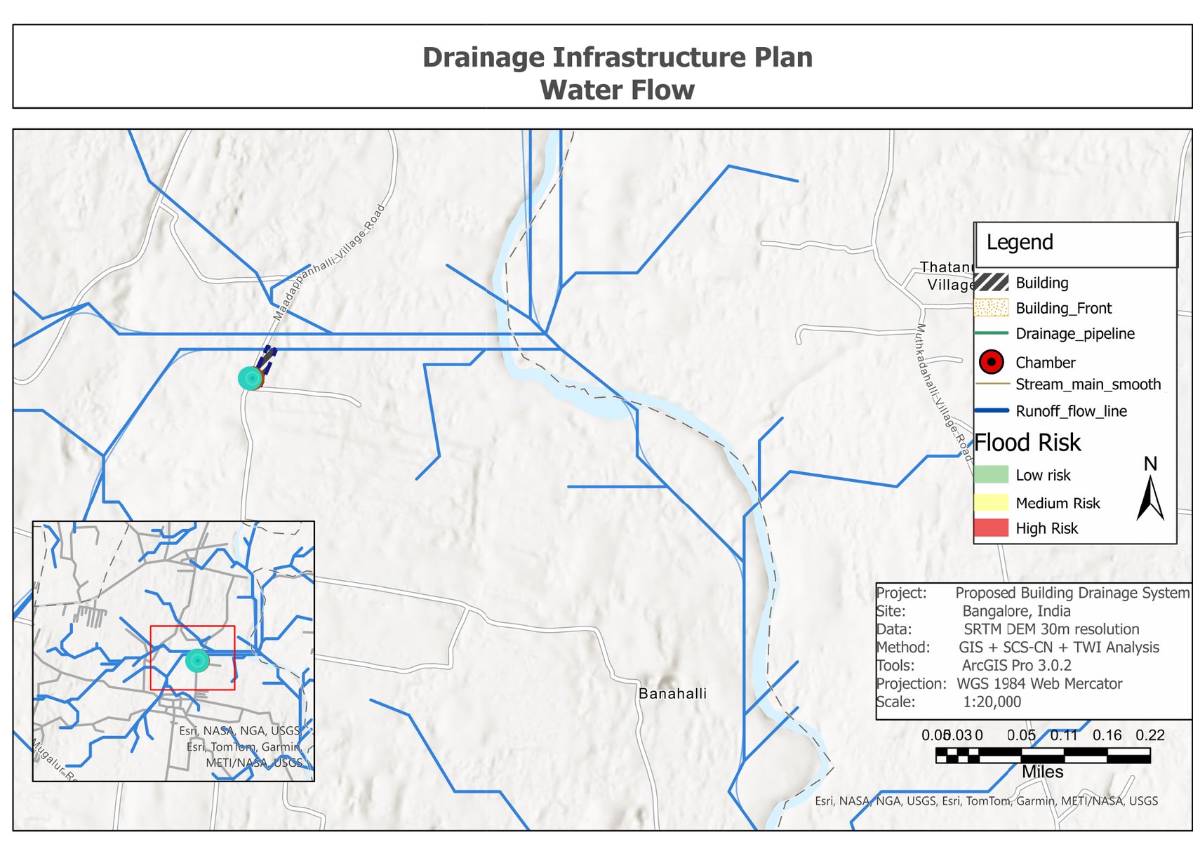 Water flow map showing runoff flow lines and the main stream network around the site
