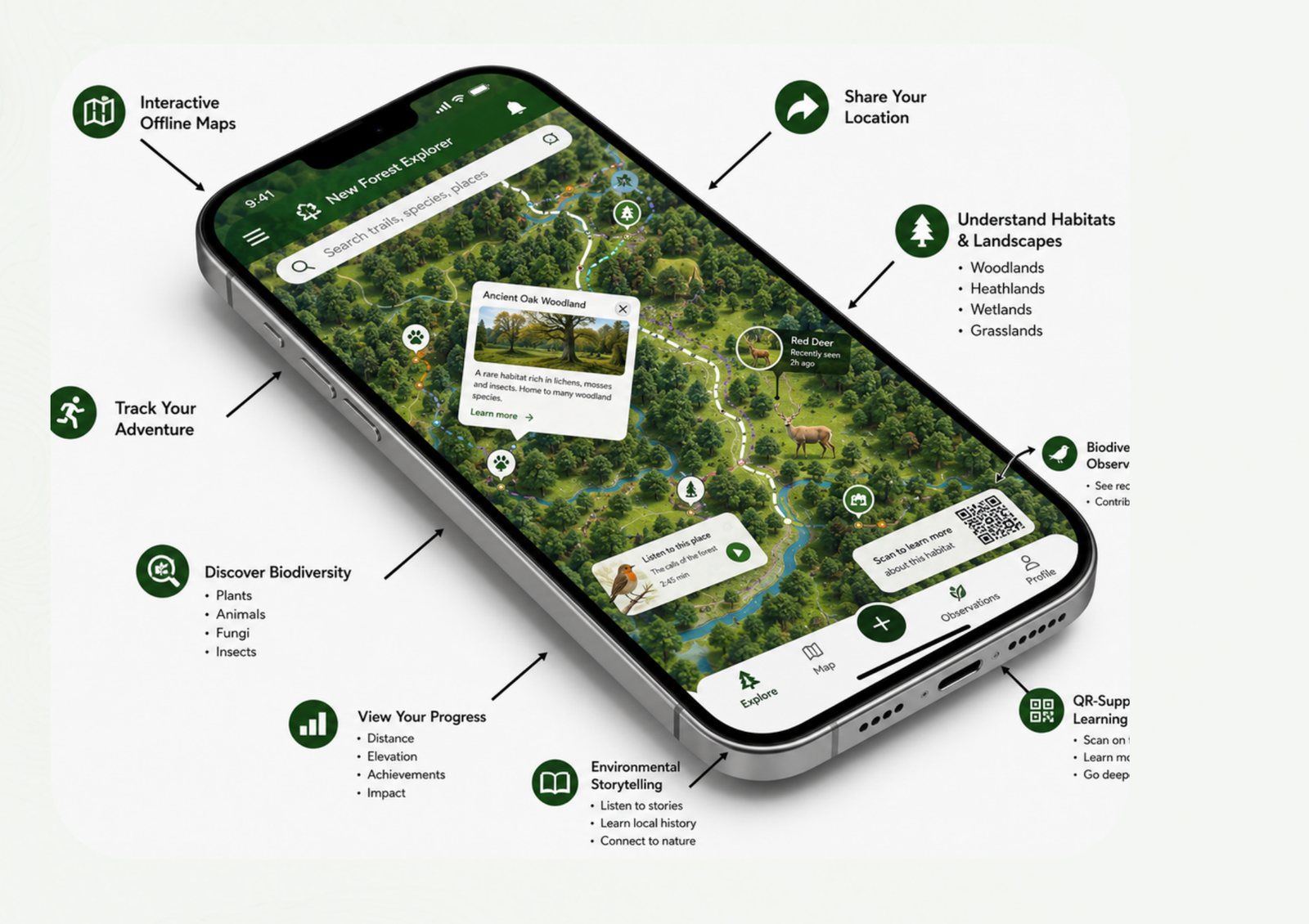 Concept design for the New Forest Explorer app showing interactive maps, habitat layers and species observations