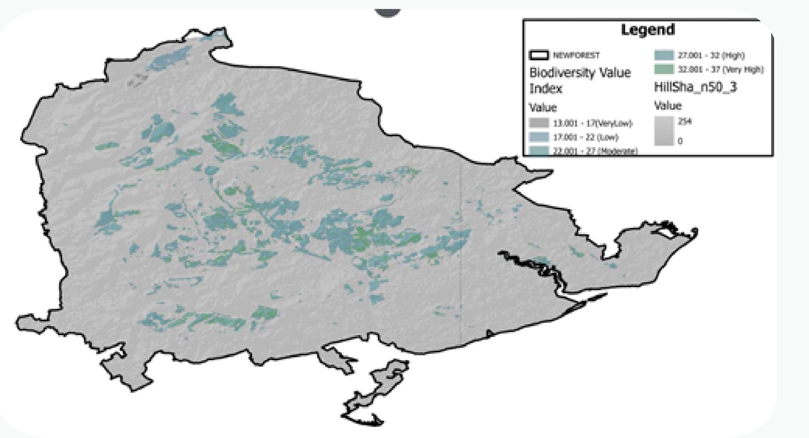Biodiversity value index map of the New Forest, with darker zones showing higher biodiversity concentration