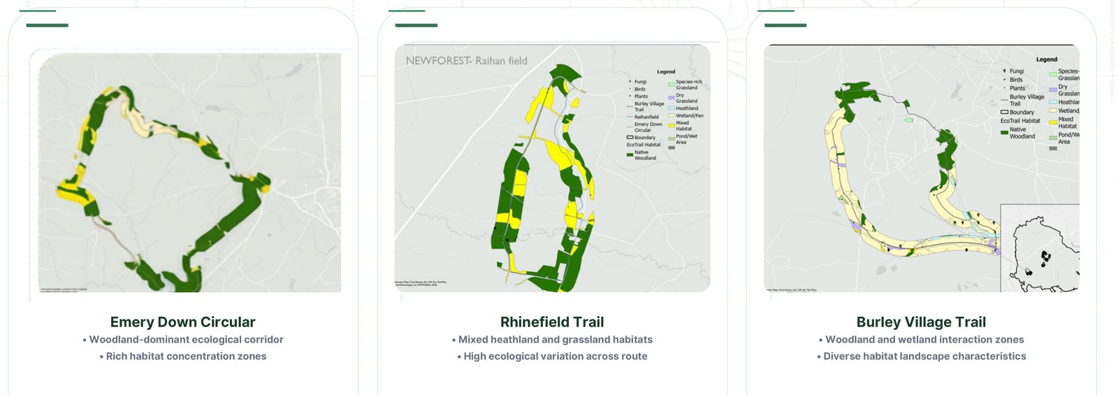 Habitat maps compared across Emery Down Circular, Rhinefield Trail and Burley Village Trail